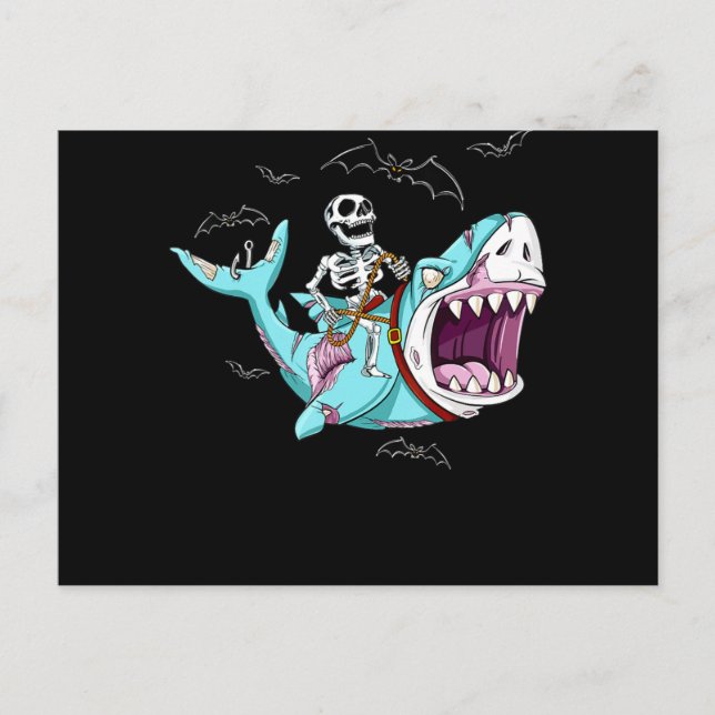 Skeleton Riding Zombie Shark Funny Halloween Gift Helg Vykort (Framsida)