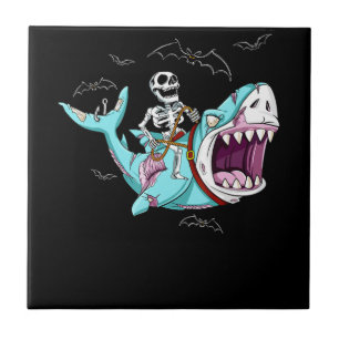 Skeleton Riding Zombie Shark Funny Halloween Gift Kakelplatta