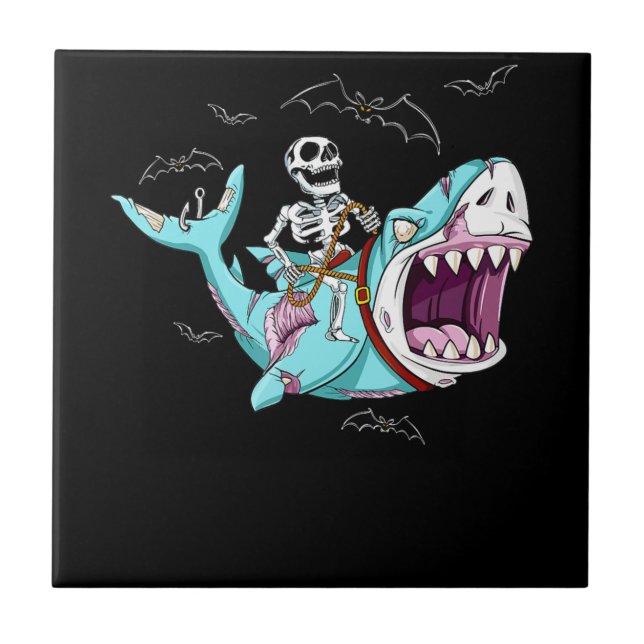 Skeleton Riding Zombie Shark Funny Halloween Gift Kakelplatta (Framsidan)