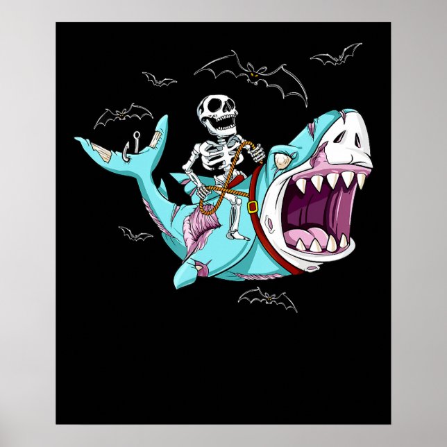 Skeleton Riding Zombie Shark Funny Halloween Gift Poster (Framsidan)