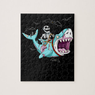 Skeleton Riding Zombie Shark Funny Halloween Gift Pussel