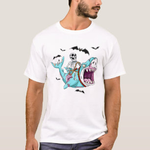 Skeleton Riding Zombie Shark Funny Halloween Gift T Shirt