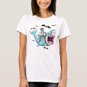 Skeleton Riding Zombie Shark Funny Halloween Gift T Shirt