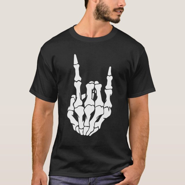 Skeleton Rock Hand Sign Guitar Pick Guitarists Gui T Shirt (Framsida)