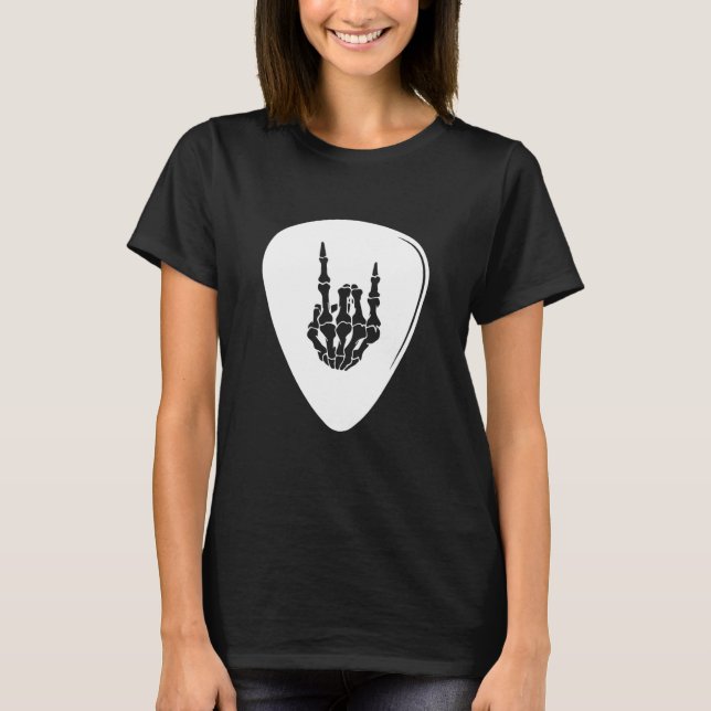 Skeleton Rock Hand Sign Guitar Pick Guitarists Gui T Shirt (Framsida)