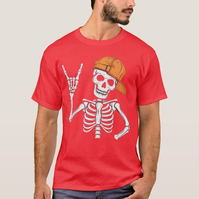 Skeleton Rocker Women Men Boys Punk Rocker Long Sl T Shirt (Framsida)