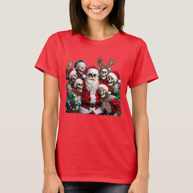 Skeleton Santa Christmas Group Photo – Festive 3D  T Shirt (Framsida)