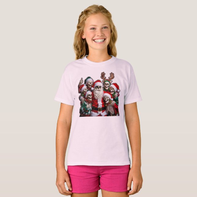 Skeleton Santa Christmas Group Photo – Festive 3D  T Shirt (Hel framsida)
