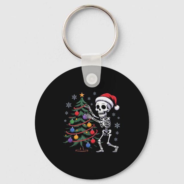 Skeleton Santa Hat Christmas Tree Creepy Cute Xmas Nyckelring (Framsida)