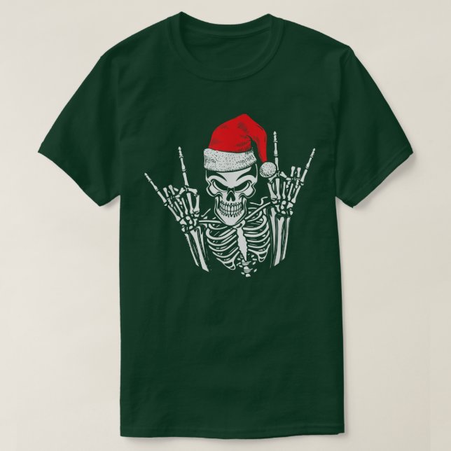 Skeleton Santa Hat Rock and roll Hand Coola Christ T Shirt (Design framsida)
