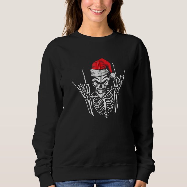 Skeleton Santa Hat Rock and roll Hand Coola Christ T Shirt (Framsida)