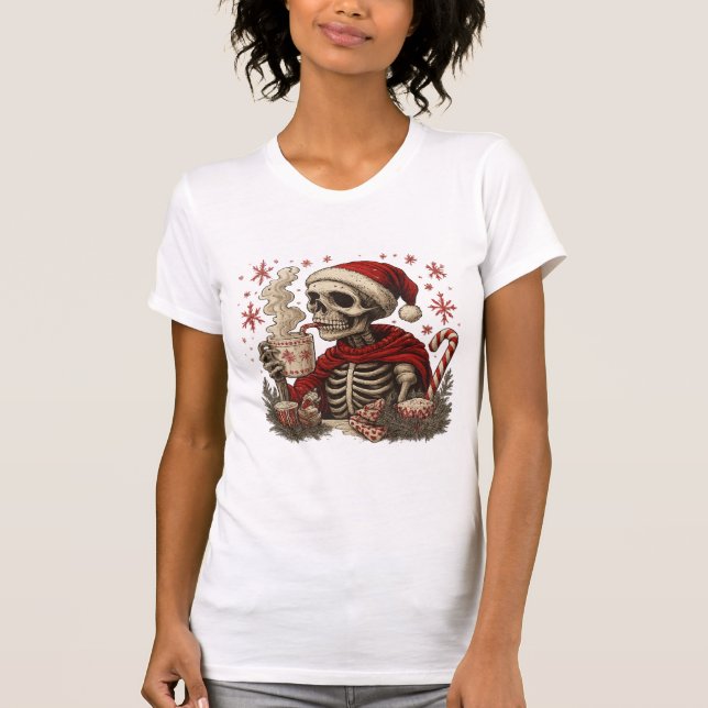 Skeleton Santa Hot Cocoa Dark Christmas Humor T Shirt (Framsida)