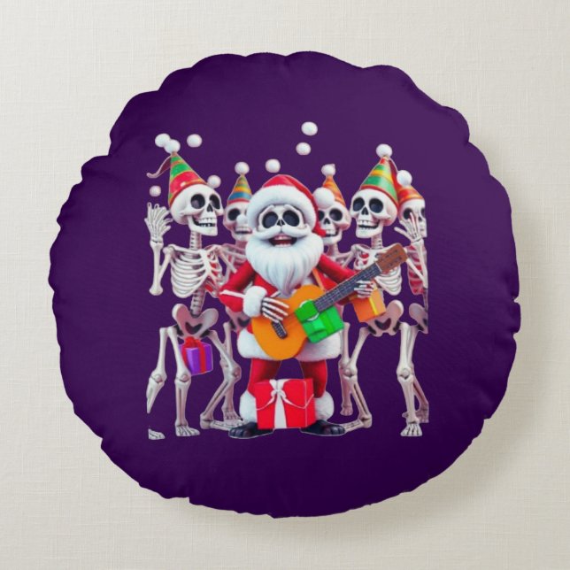 **Skeleton Santa Party – Funny 3D Christmas Skelet Rund Kudde (Framsidan)