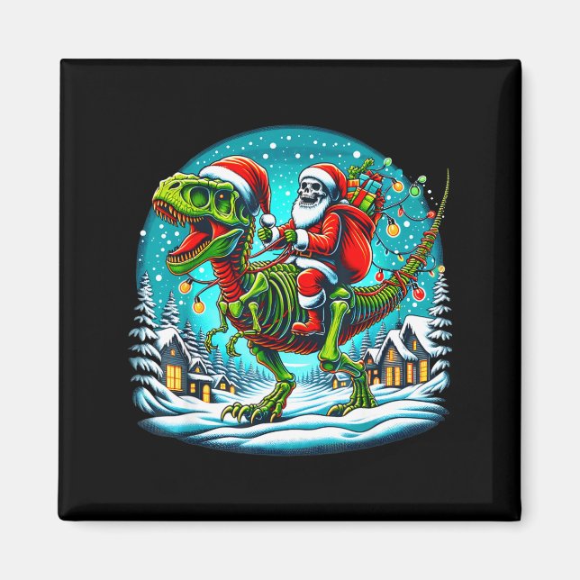 Skeleton Santa Riding T Rex Dinosaur Funny Christm Magnet (Framsidan)