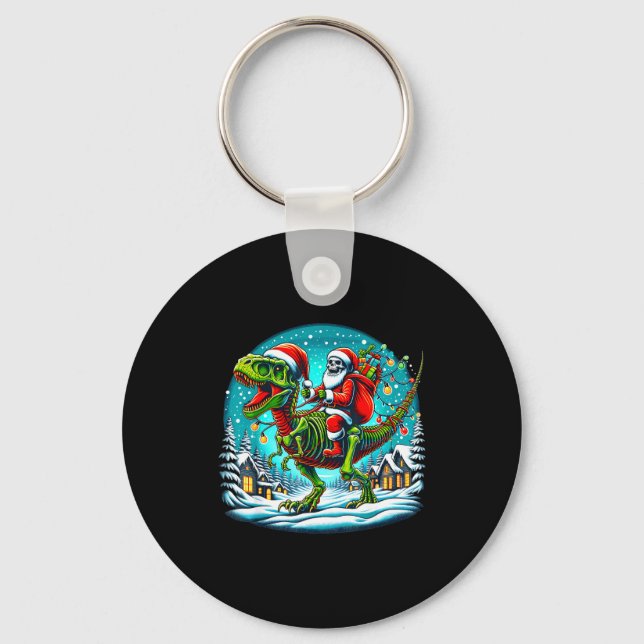Skeleton Santa Riding T Rex Dinosaur Funny Christm Nyckelring (Framsida)
