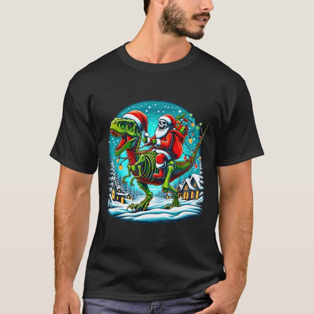 Skeleton Santa Riding T Rex Dinosaur Funny Christm Shirt (Framsida)