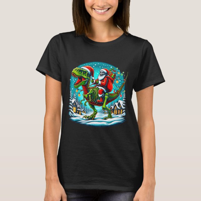 Skeleton Santa Riding T Rex Dinosaur Funny Christm T Shirt (Framsida)