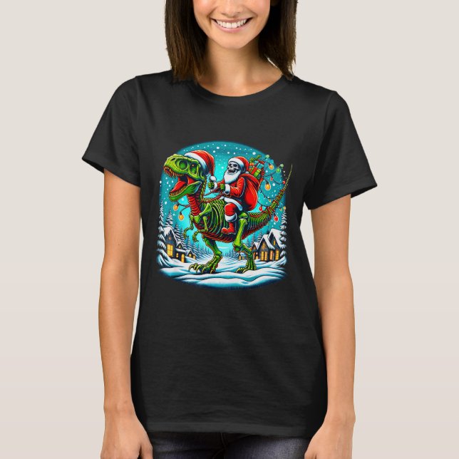Skeleton Santa Riding T Rex Dinosaur Funny Christm T Shirt (Framsida)