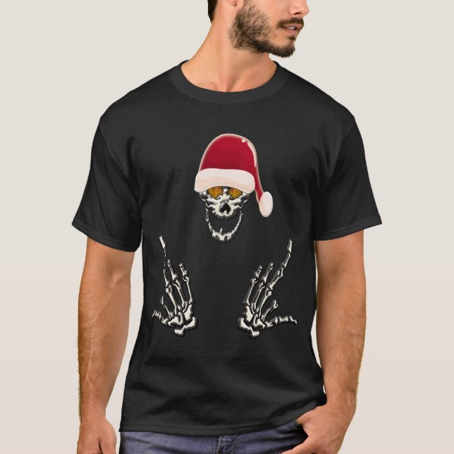Skeleton Santa with Djävulen Horns T Shirt (Framsida)