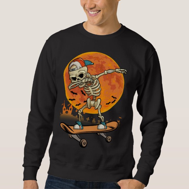 Skeleton Skateboard Dabbing  Halloween Costume Gif Lång Ärmad Tröja (Framsida)