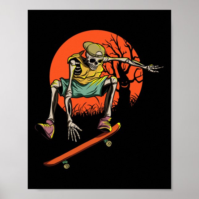 Skeleton Skater i Halloween med Skateboard Poster (Framsidan)