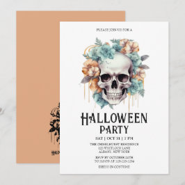 Skeleton Skull Flowers Mint Halloween fest Inbjudningar