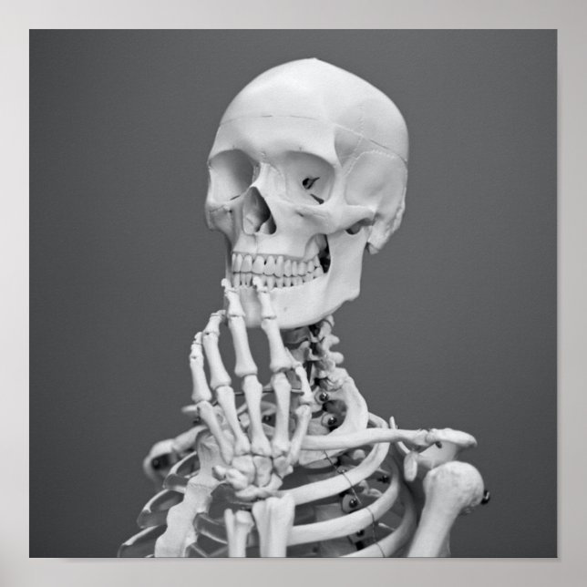 Skeleton Skull Halloween Black and White Grått Poster (Framsidan)