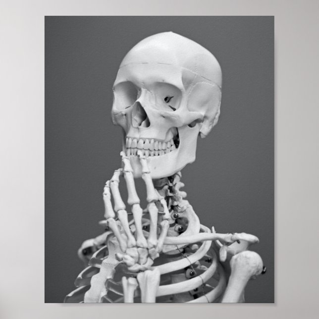 Skeleton Skull Halloween Black and White Grått Poster (Framsidan)