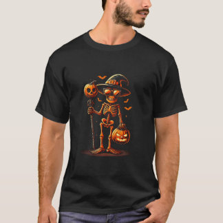 Skeleton Skull Holding Scary Pumpkin Funny Hallowe T Shirt