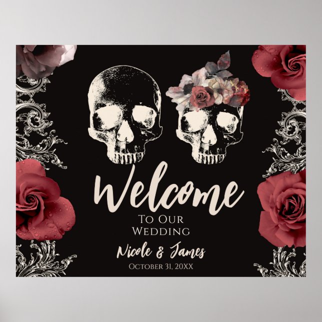 Skeleton Skull Mauve Dusty Ro Bröllop Välkommen Po Poster (Framsidan)