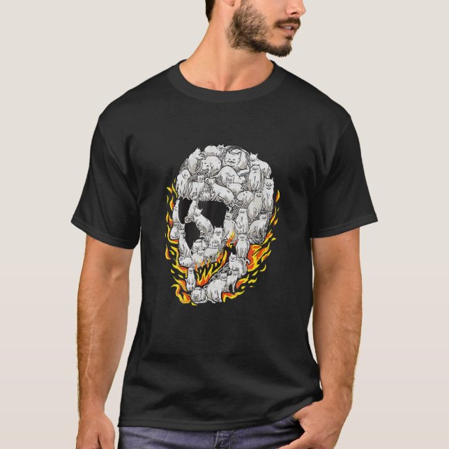 Skeleton Skull med brännbart kattskinn med ben T Shirt (Framsida)