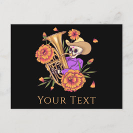 Skeleton Skull Musician Blommigt Day of Dead Helg Vykort