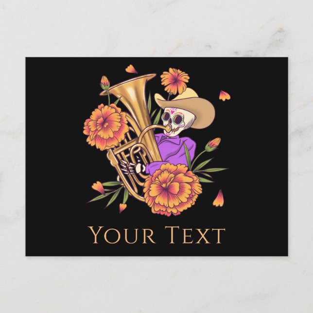 Skeleton Skull Musician Blommigt Day of Dead Helg Vykort (Framsida)