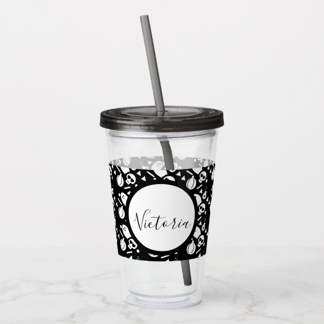 Skeleton Skull Pumpkin Script Monogrammed Acrylic Take Away Mugg (Vänster)