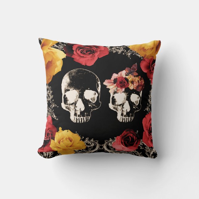 Skeleton Skull Red Gult Fall Blommigt Dekorativ ku Kudde (Framsida)