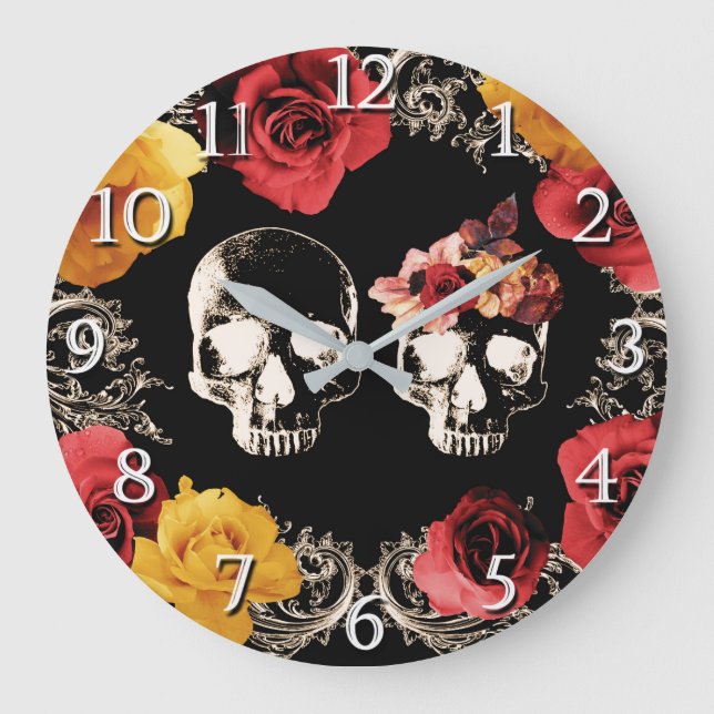 Skeleton Skull Red Gult Fall Blommigt Stor Klocka (Framsida)