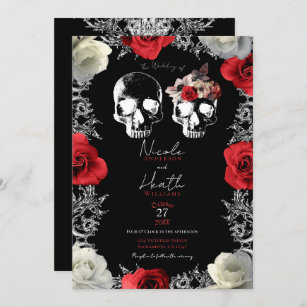 Skeleton Skull Red Vit ros Gothic Bröllop Inbjudningar