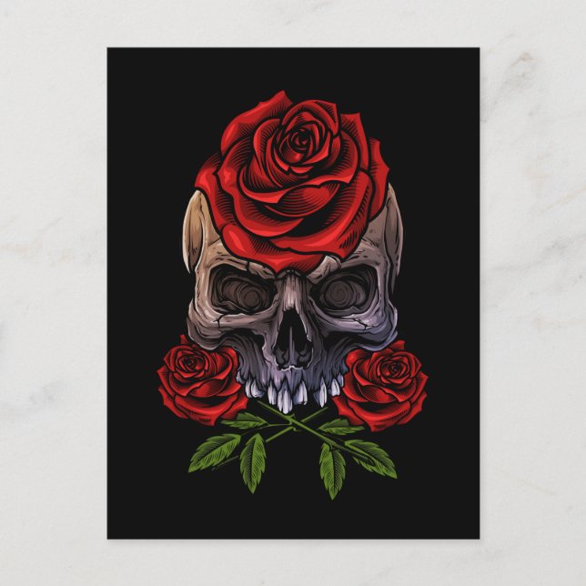 Skeleton Skull Ro Romantic Blommigt Död Vykort (Framsida)