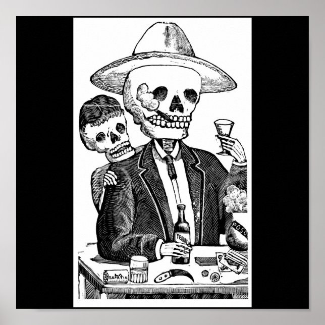 Skeleton som dricker tequila och rökning poster (Framsidan)