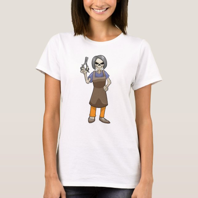 Skeleton som Hairdresser med sax T Shirt (Framsida)