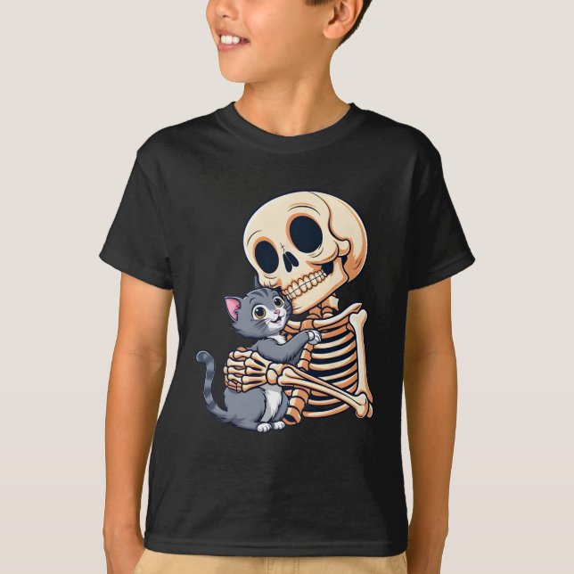 Skeleton som håller en katt, Halloween Costume Sku T Shirt (Framsida)