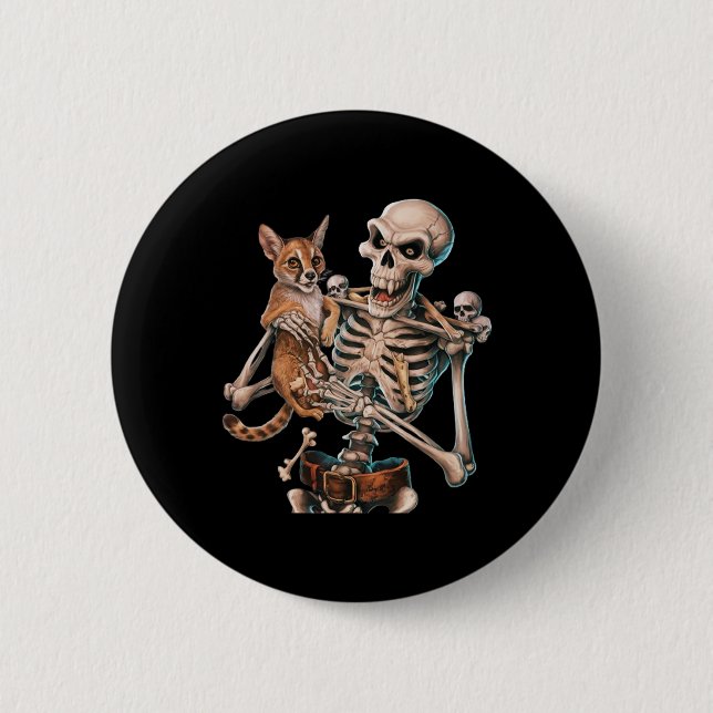 Skeleton som håller ett katt skal Kattunge Hallowe Knapp (Framsida)
