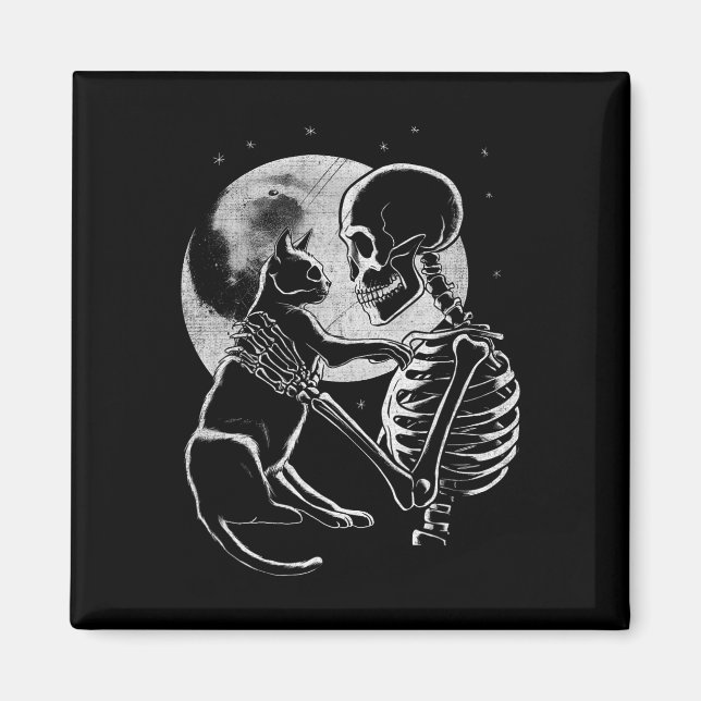 Skeleton som innehar en katt funny Halloween Manar Magnet (Framsidan)
