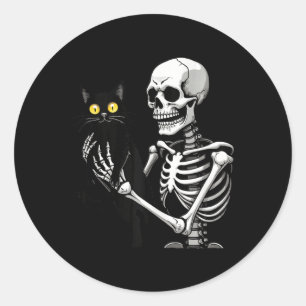 Skeleton som innehar en katt, grå, svart katt Hall Runt Klistermärke
