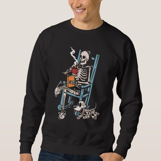 Skeleton som läser Bok och dricker kaffe med hjälp Lång Ärmad Tröja (Framsida)