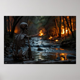 Skeleton som övervakar en skogsbrand längs floden poster