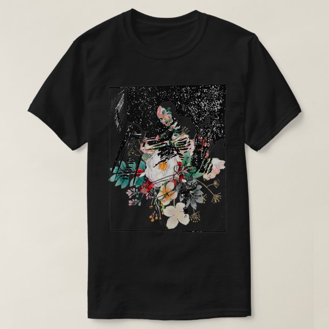 Skeleton Spela Piano Sketch Teckning Abstrakt Art T Shirt (Design framsida)