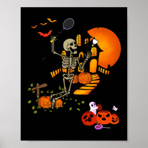Skeleton spelar Badminton Sport Scary Halloween C Poster