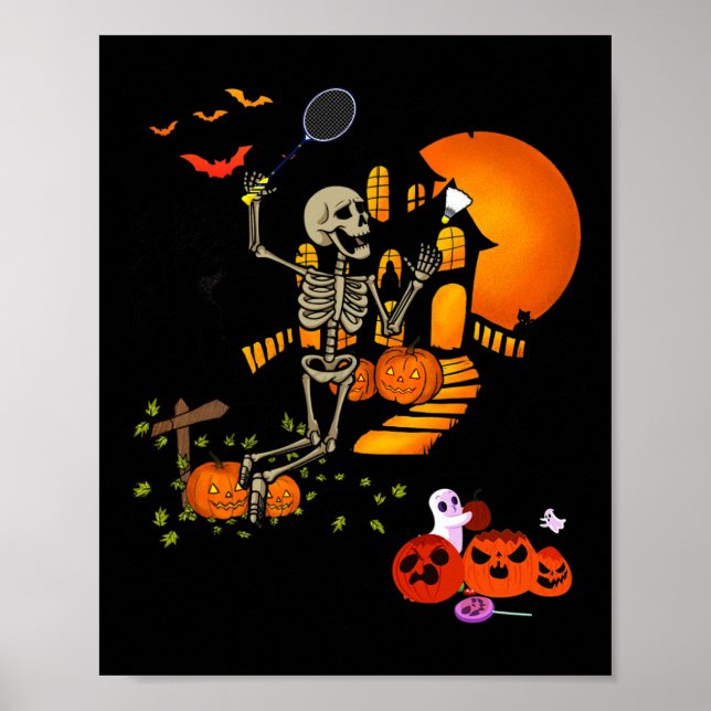 Skeleton spelar Badminton Sport Scary Halloween C Poster (Framsidan)