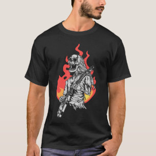 Skeleton spelar elektrisk Guitar Flames Rock musik T Shirt